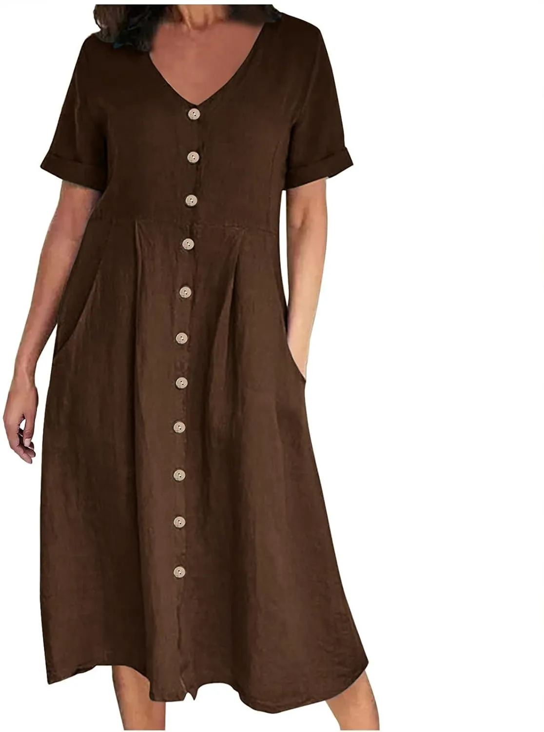 NaRHbrg Women's Button Down Linen Dress V-Neck Short Sleeve A-Line Casual Loose Fit Summer Midi Dresses Sundress