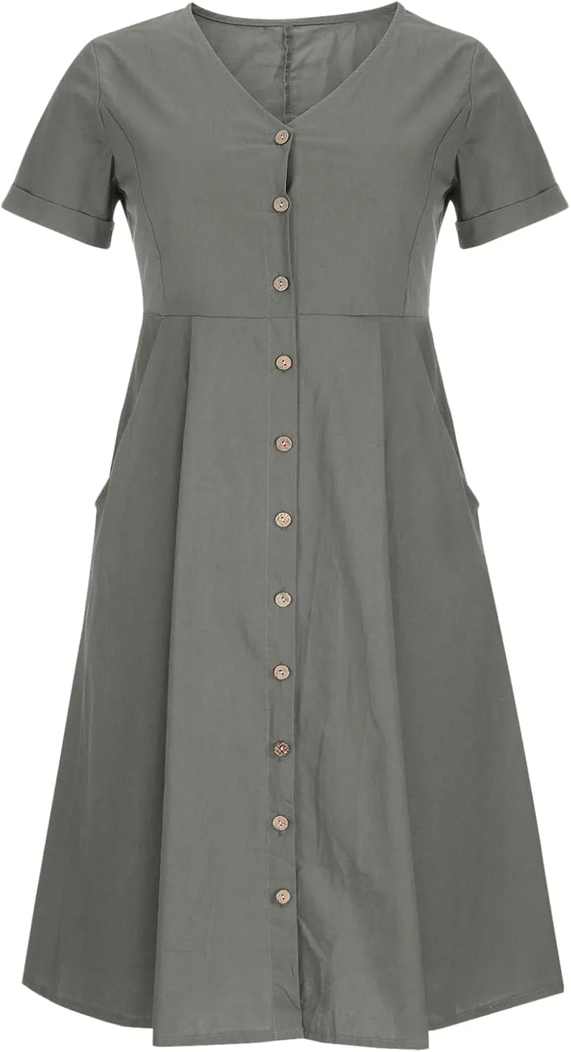 NaRHbrg Women's Button Down Linen Dress V-Neck Short Sleeve A-Line Casual Loose Fit Summer Midi Dresses Sundress