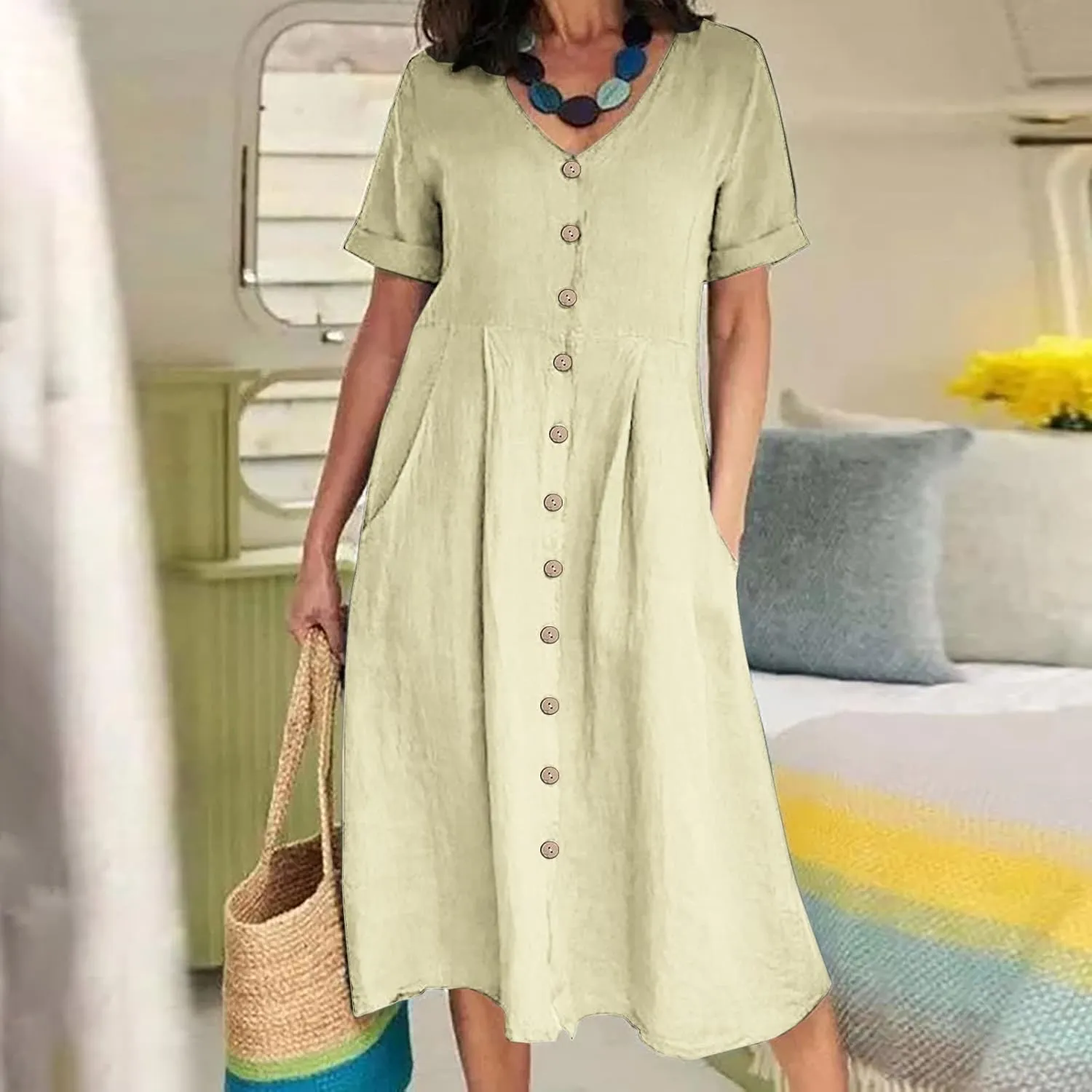 NaRHbrg Women's Button Down Linen Dress V-Neck Short Sleeve A-Line Casual Loose Fit Summer Midi Dresses Sundress