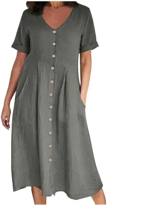 NaRHbrg Women's Button Down Linen Dress V-Neck Short Sleeve A-Line Casual Loose Fit Summer Midi Dresses Sundress