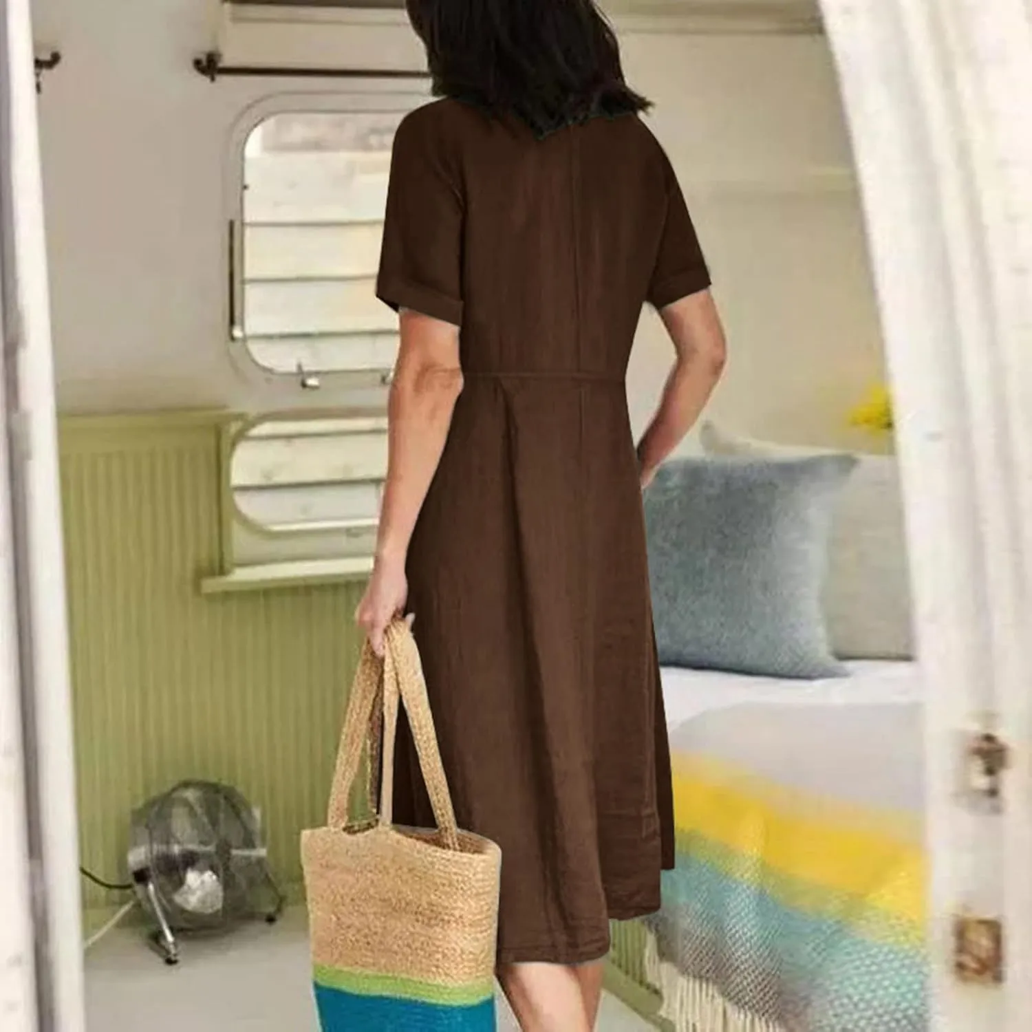 NaRHbrg Women's Button Down Linen Dress V-Neck Short Sleeve A-Line Casual Loose Fit Summer Midi Dresses Sundress