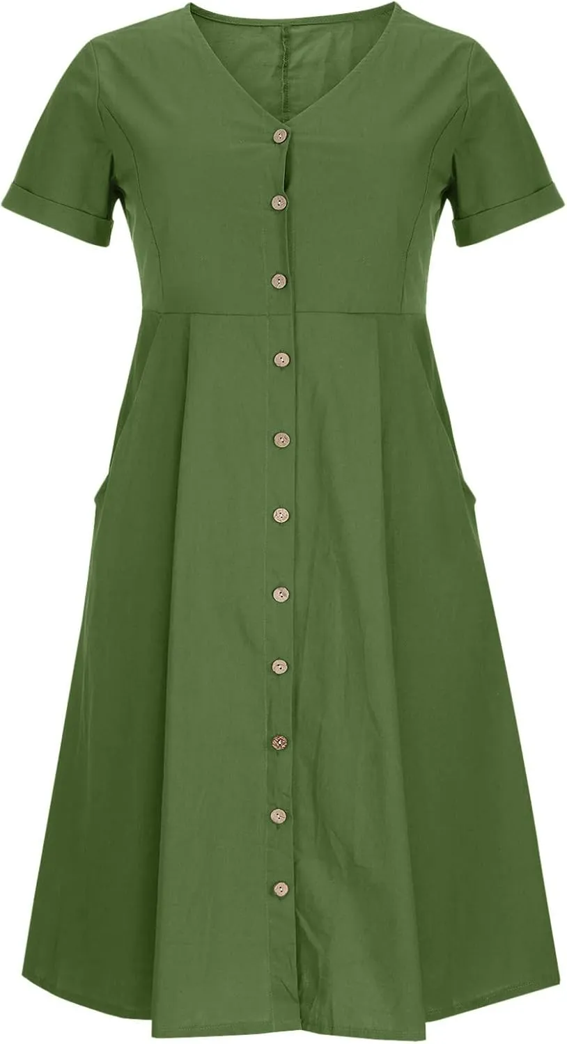 NaRHbrg Women's Button Down Linen Dress V-Neck Short Sleeve A-Line Casual Loose Fit Summer Midi Dresses Sundress