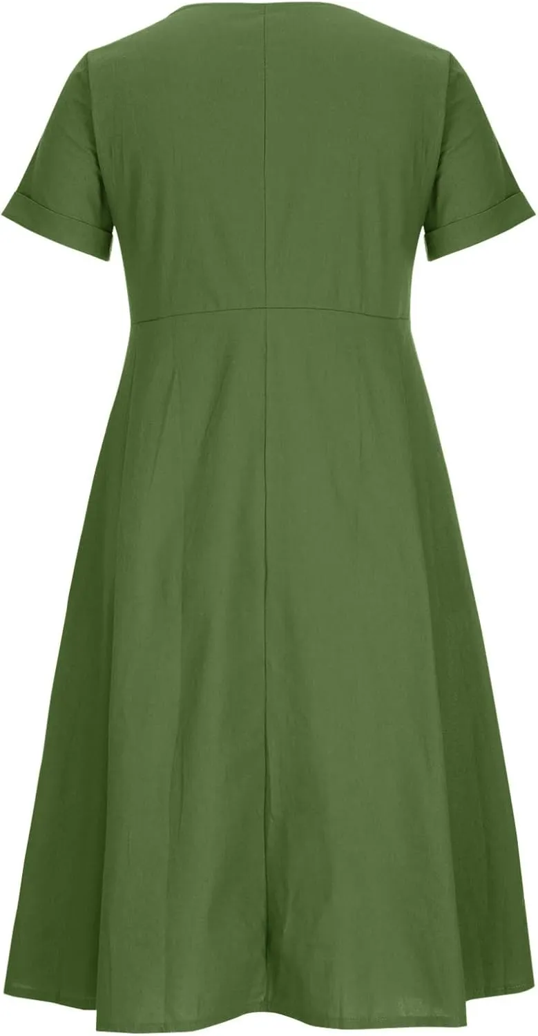 NaRHbrg Women's Button Down Linen Dress V-Neck Short Sleeve A-Line Casual Loose Fit Summer Midi Dresses Sundress