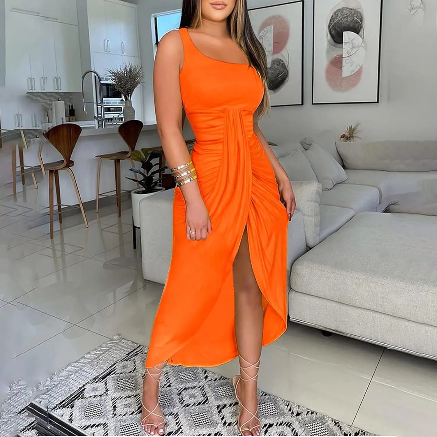 NaRHbrg Women's Sexy One Shoulder Maxi Dress Ruched High Slit Sleeveless Bodycon Dress Elegant Evening Party Clubwear