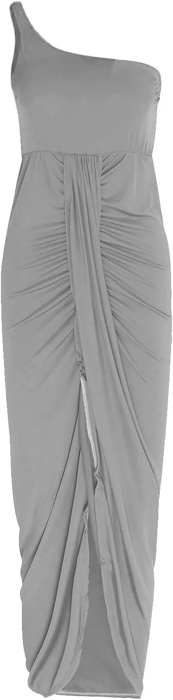 NaRHbrg Women's Sexy One Shoulder Maxi Dress Ruched High Slit Sleeveless Bodycon Dress Elegant Evening Party Clubwear