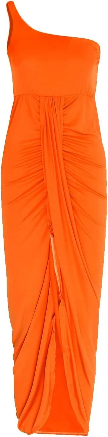 NaRHbrg Women's Sexy One Shoulder Maxi Dress Ruched High Slit Sleeveless Bodycon Dress Elegant Evening Party Clubwear