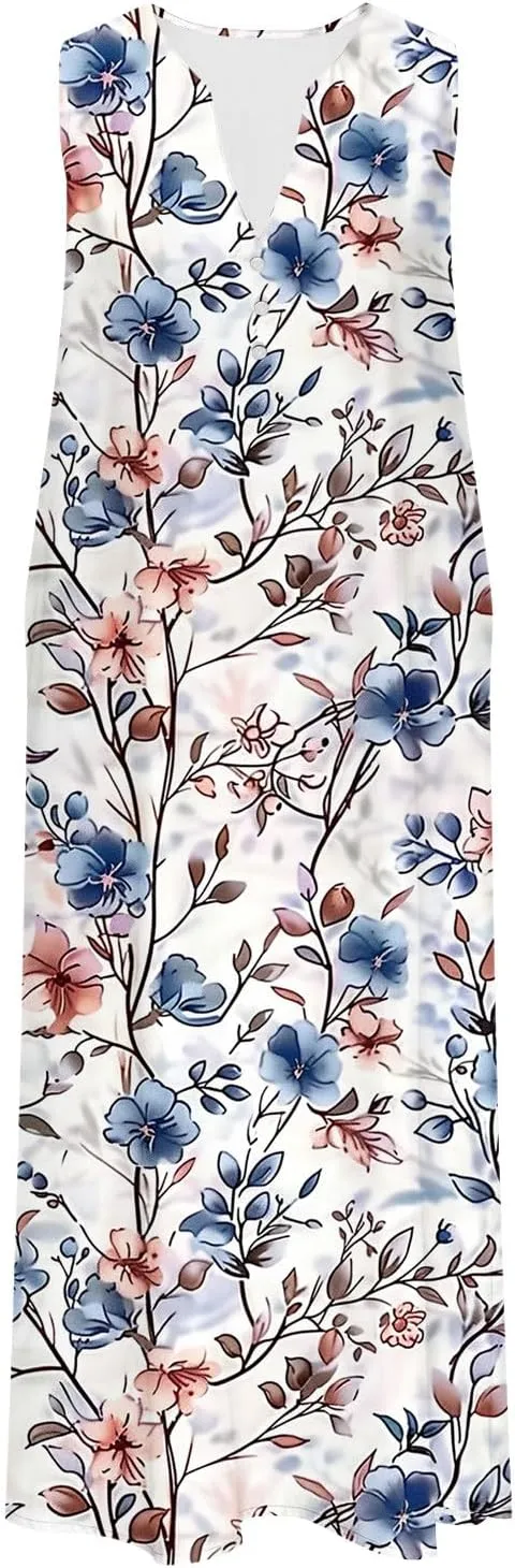 NaRHbrg Women's Sleeveless V-Neck Floral Print Maxi Dress Casual Loose Fit Summer Beach Dresses Sundress with Pockets