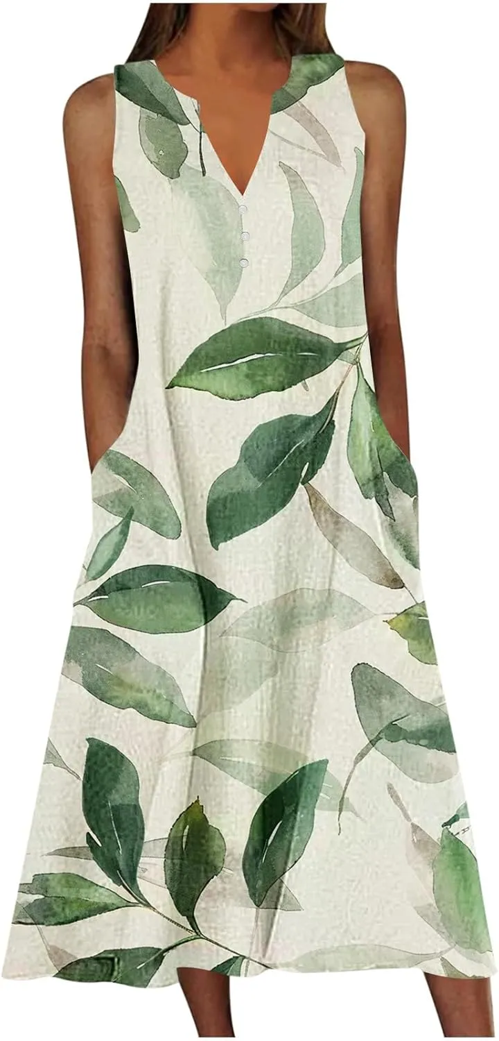 NaRHbrg Women's Sleeveless V-Neck Floral Print Maxi Dress Casual Loose Fit Summer Beach Dresses Sundress with Pockets