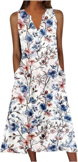 NaRHbrg Women's Sleeveless V-Neck Floral Print Maxi Dress Casual Loose Fit Summer Beach Dresses Sundress with Pockets