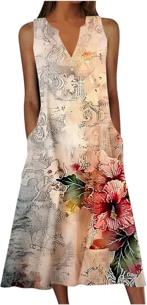 NaRHbrg Women's Sleeveless V-Neck Floral Print Maxi Dress Casual Loose Fit Summer Beach Dresses Sundress with Pockets
