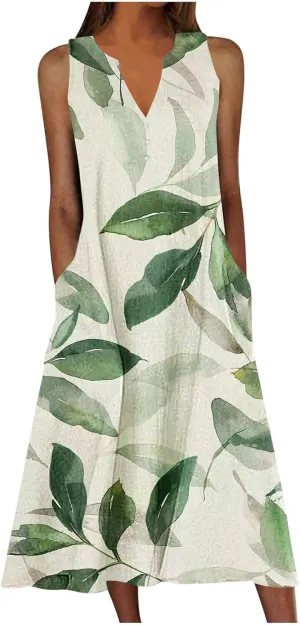 NaRHbrg Women's Sleeveless V-Neck Floral Print Maxi Dress Casual Loose Fit Summer Beach Dresses Sundress with Pockets