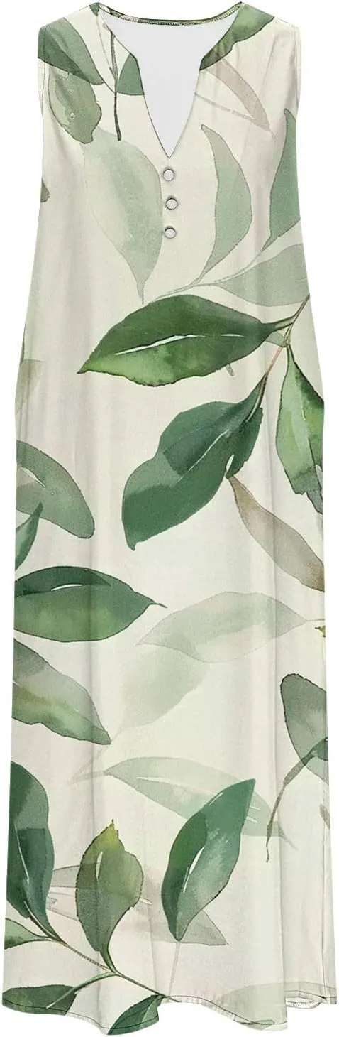 NaRHbrg Women's Sleeveless V-Neck Floral Print Maxi Dress Casual Loose Fit Summer Beach Dresses Sundress with Pockets