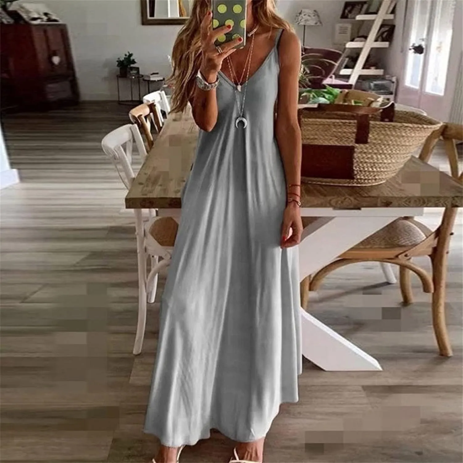 NaRHbrg Women's Sleeveless V Neck Maxi Dress Boho Loose Flowy Sundress Tie Dye Casual Beach Long Dresses Summer Sundress