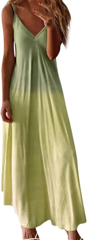 NaRHbrg Women's Sleeveless V Neck Maxi Dress Boho Loose Flowy Sundress Tie Dye Casual Beach Long Dresses Summer Sundress