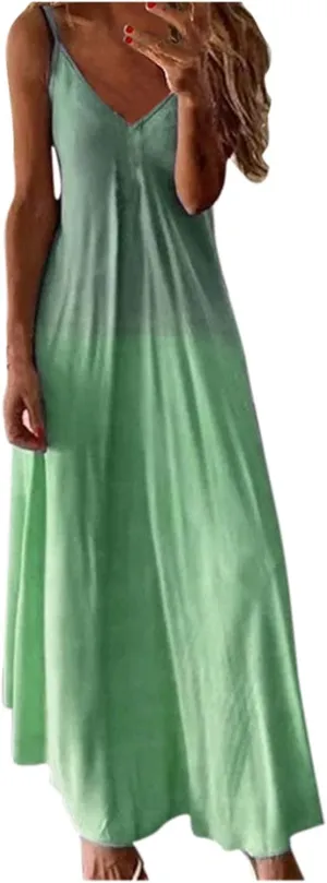NaRHbrg Women's Sleeveless V Neck Maxi Dress Boho Loose Flowy Sundress Tie Dye Casual Beach Long Dresses Summer Sundress