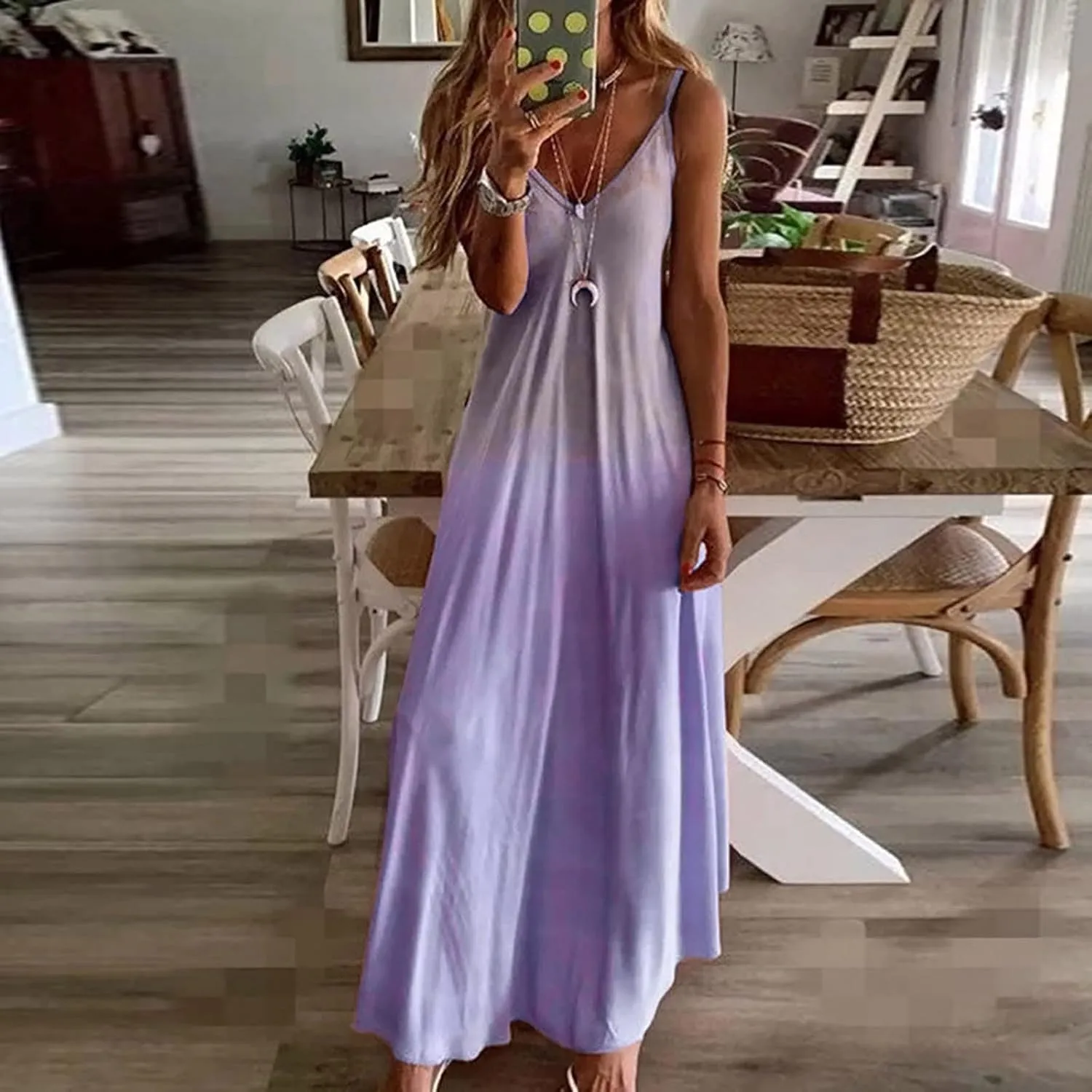 NaRHbrg Women's Sleeveless V Neck Maxi Dress Boho Loose Flowy Sundress Tie Dye Casual Beach Long Dresses Summer Sundress