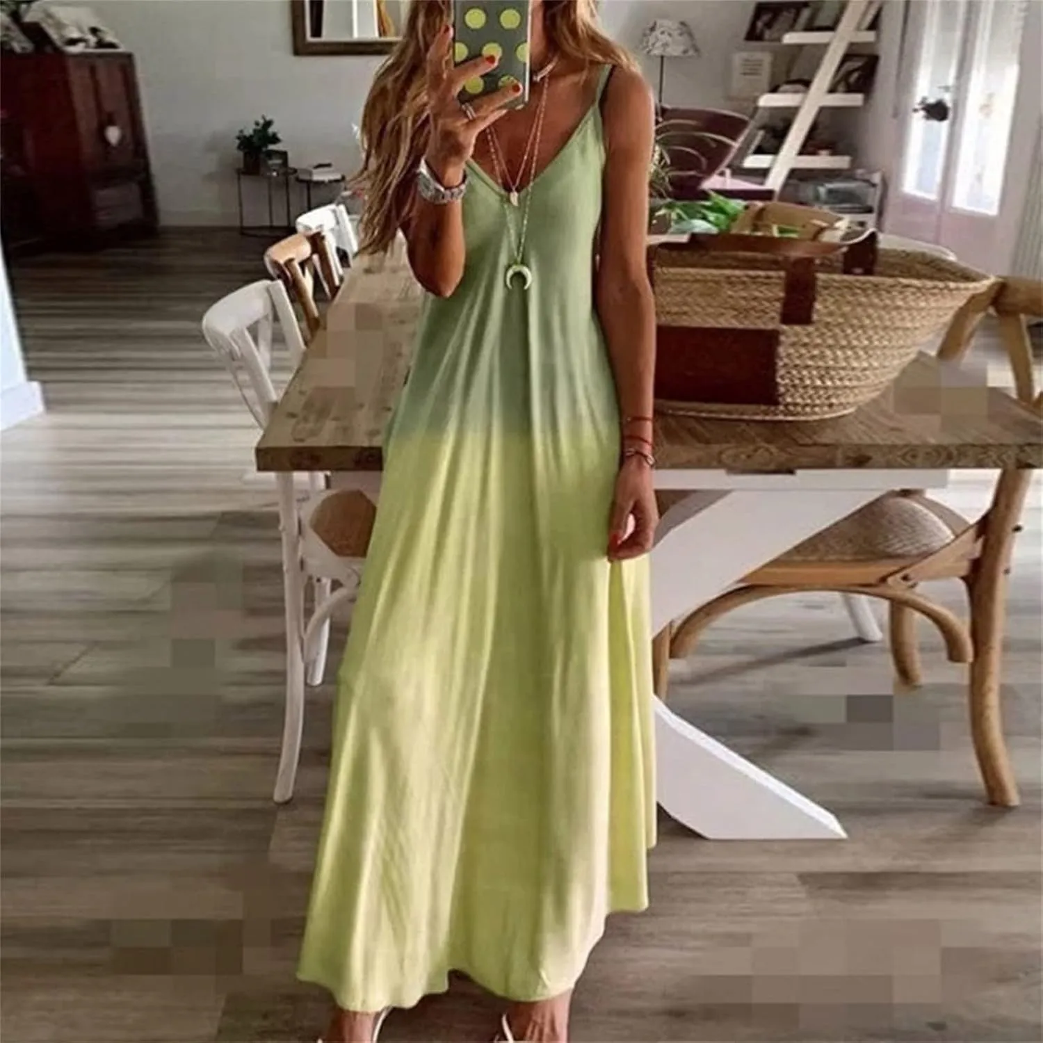 NaRHbrg Women's Sleeveless V Neck Maxi Dress Boho Loose Flowy Sundress Tie Dye Casual Beach Long Dresses Summer Sundress