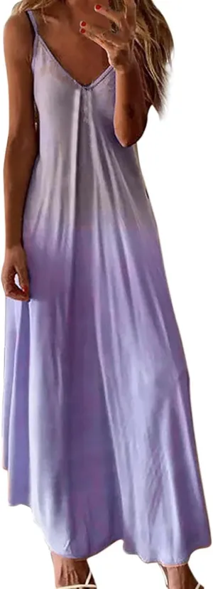 NaRHbrg Women's Sleeveless V Neck Maxi Dress Boho Loose Flowy Sundress Tie Dye Casual Beach Long Dresses Summer Sundress