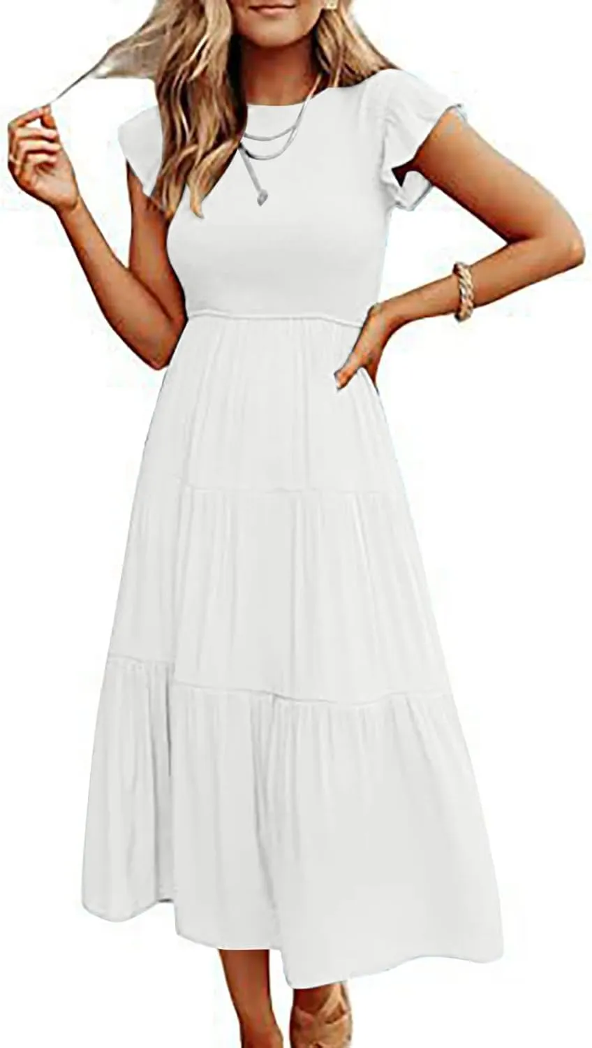 NaRHbrg Women's Summer Boho Maxi Dress Short Sleeve Flowy Tiered Ruffle Casual Beach Dresses Sundress for Vacation