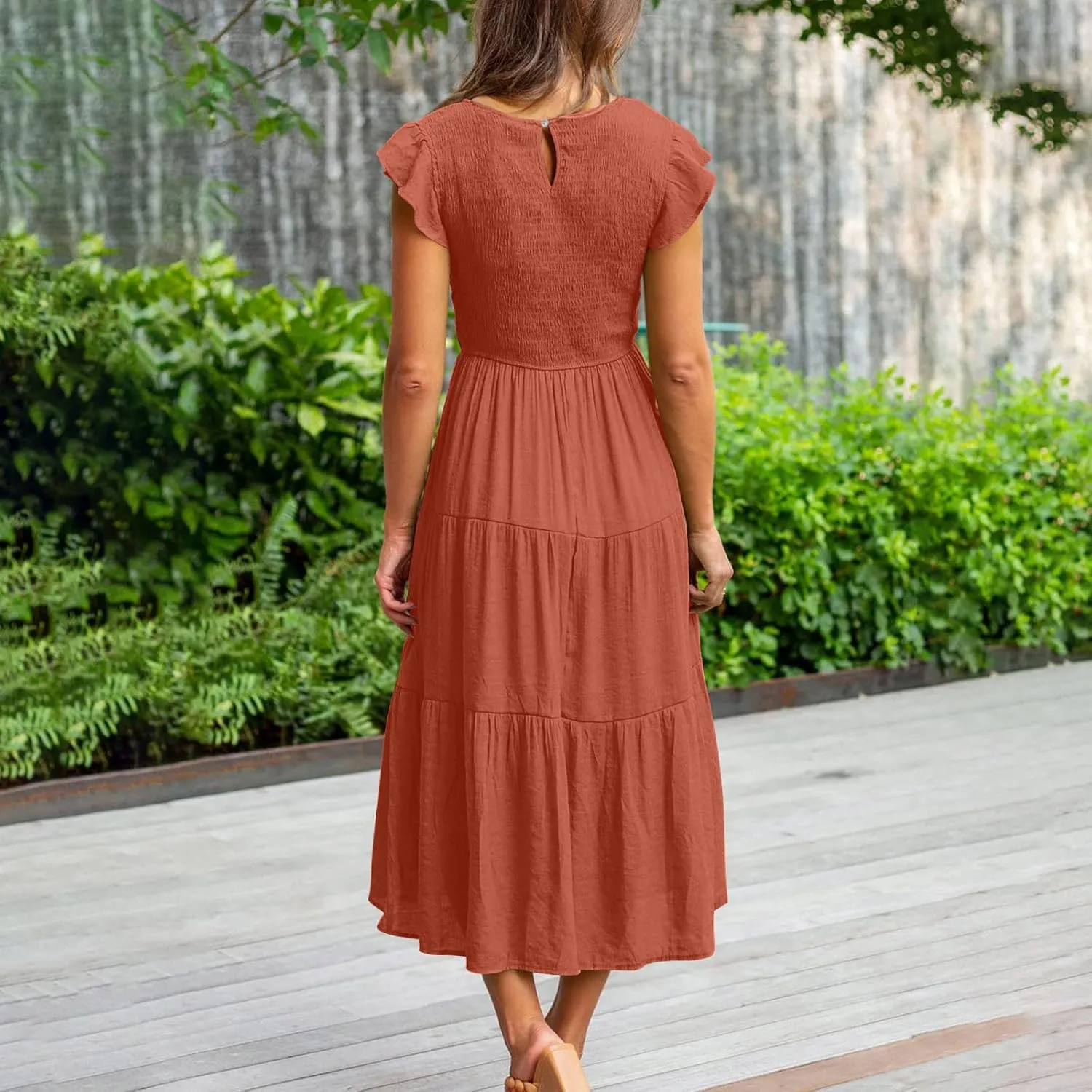 NaRHbrg Women's Summer Boho Maxi Dress Short Sleeve Flowy Tiered Ruffle Casual Beach Dresses Sundress for Vacation