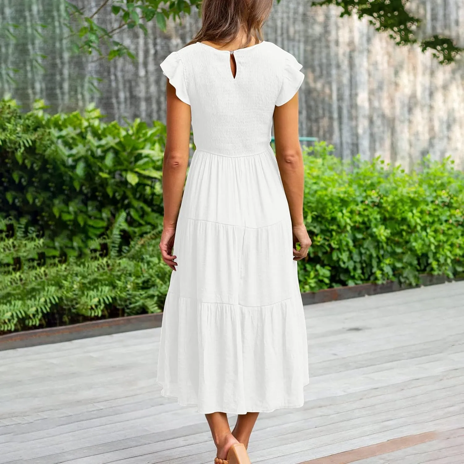 NaRHbrg Women's Summer Boho Maxi Dress Short Sleeve Flowy Tiered Ruffle Casual Beach Dresses Sundress for Vacation