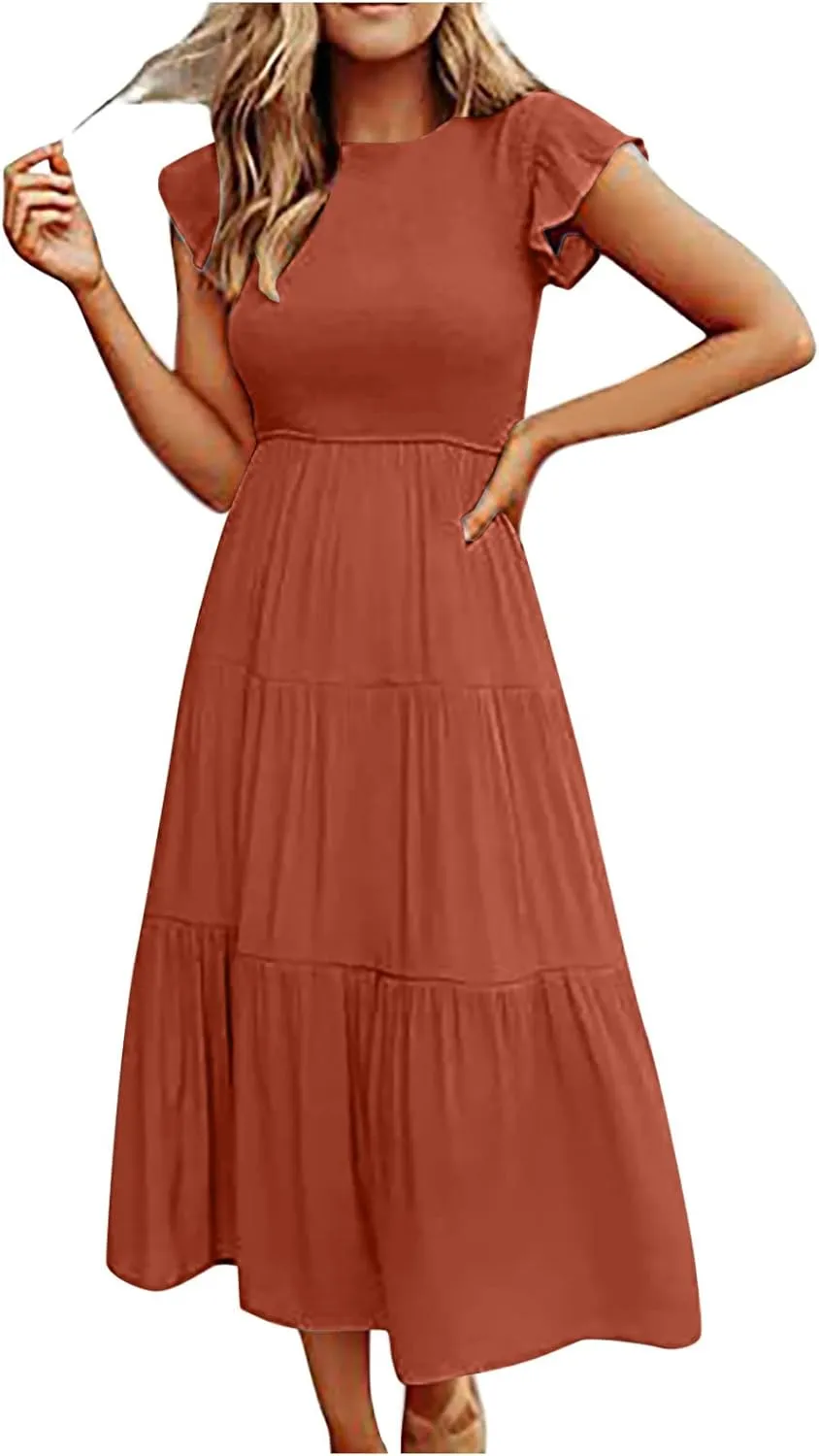 NaRHbrg Women's Summer Boho Maxi Dress Short Sleeve Flowy Tiered Ruffle Casual Beach Dresses Sundress for Vacation