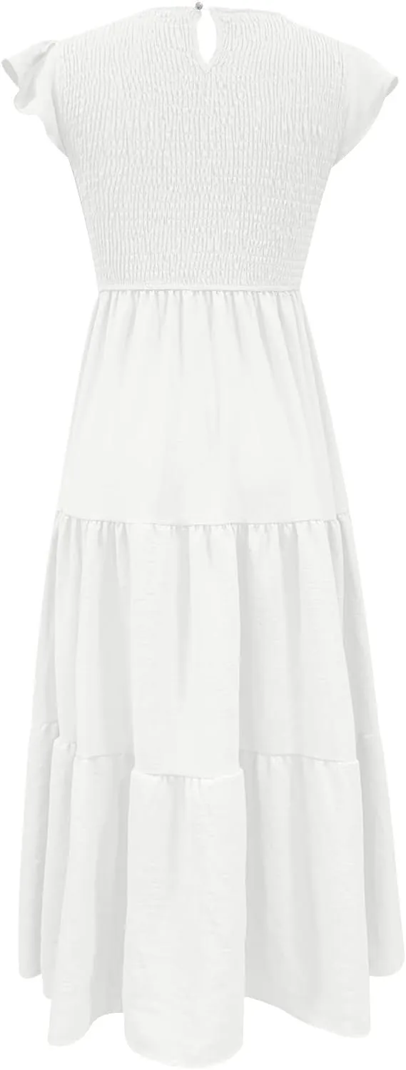 NaRHbrg Women's Summer Boho Maxi Dress Short Sleeve Flowy Tiered Ruffle Casual Beach Dresses Sundress for Vacation