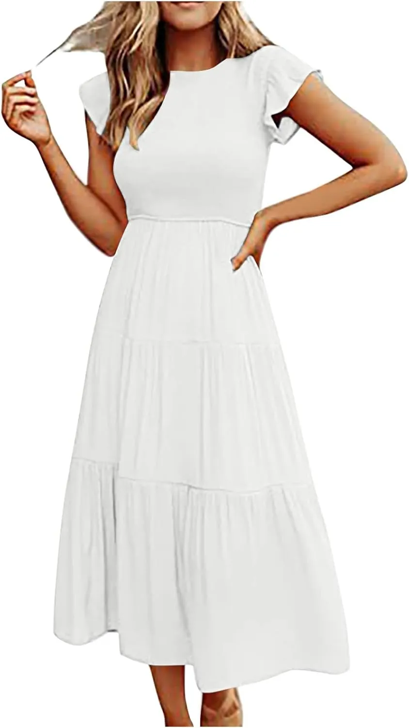 NaRHbrg Women's Summer Boho Maxi Dress Short Sleeve Flowy Tiered Ruffle Casual Beach Dresses Sundress for Vacation