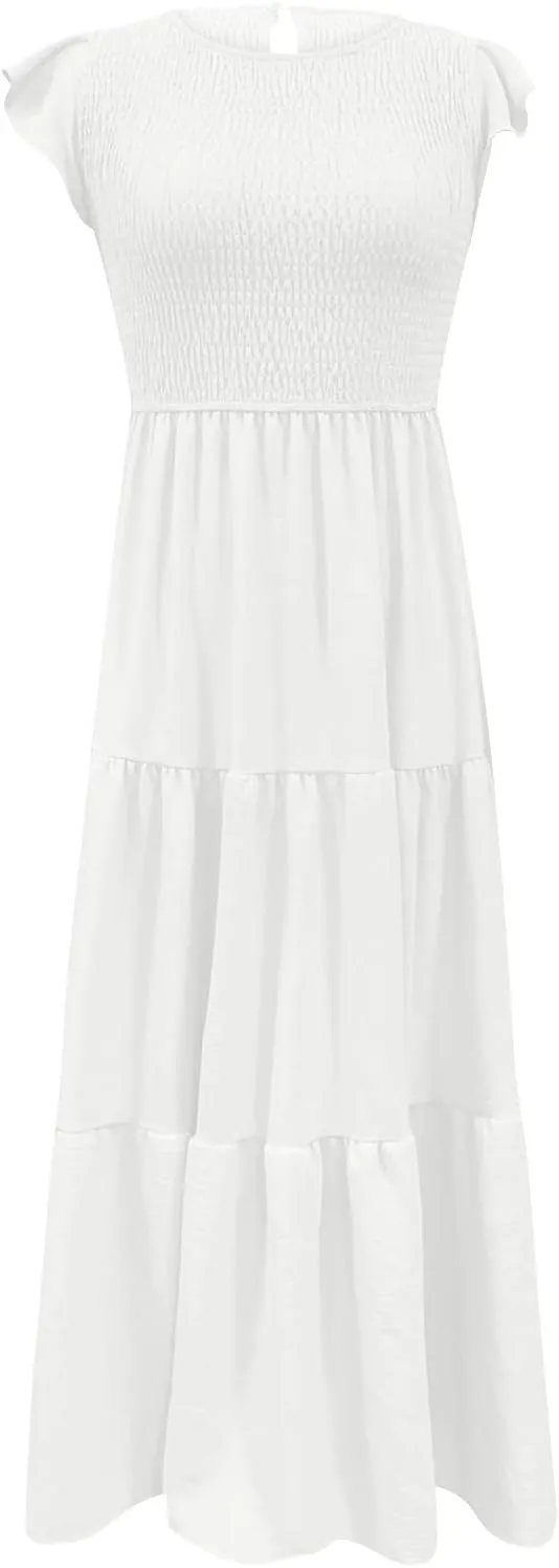 NaRHbrg Women's Summer Boho Maxi Dress Short Sleeve Flowy Tiered Ruffle Casual Beach Dresses Sundress for Vacation