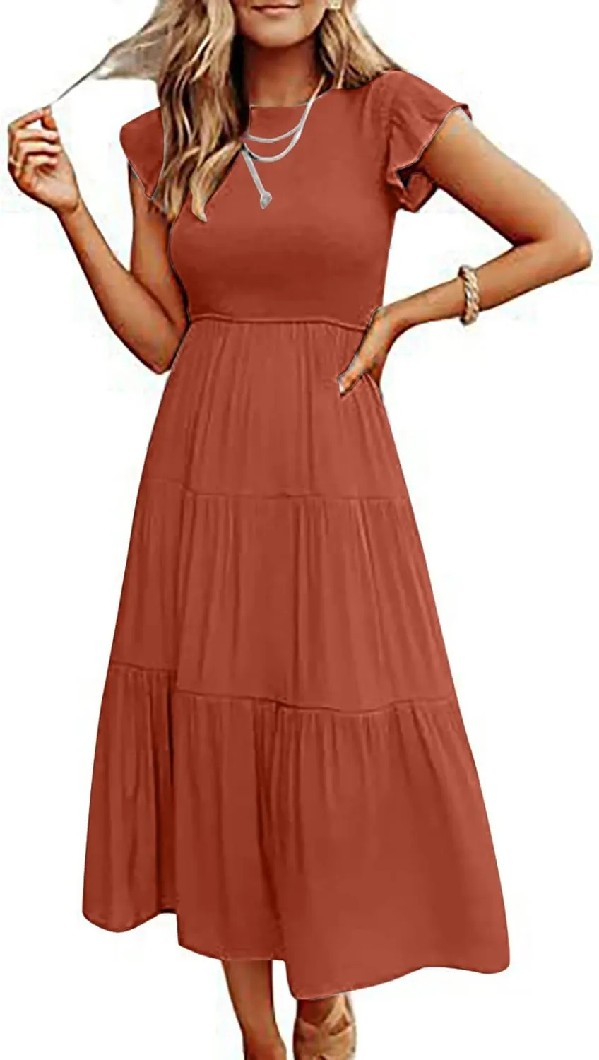 NaRHbrg Women's Summer Boho Maxi Dress Short Sleeve Flowy Tiered Ruffle Casual Beach Dresses Sundress for Vacation