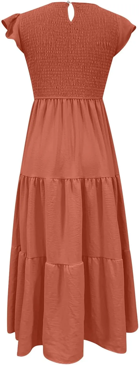 NaRHbrg Women's Summer Boho Maxi Dress Short Sleeve Flowy Tiered Ruffle Casual Beach Dresses Sundress for Vacation