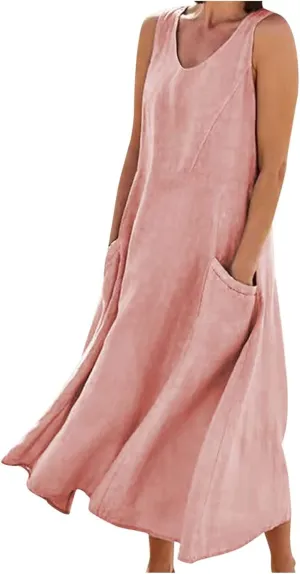 NaRHbrg Women's Summer Sleeveless Maxi Dress Casual Loose Fit Tank Sundress with Pockets Beach Long Dresses