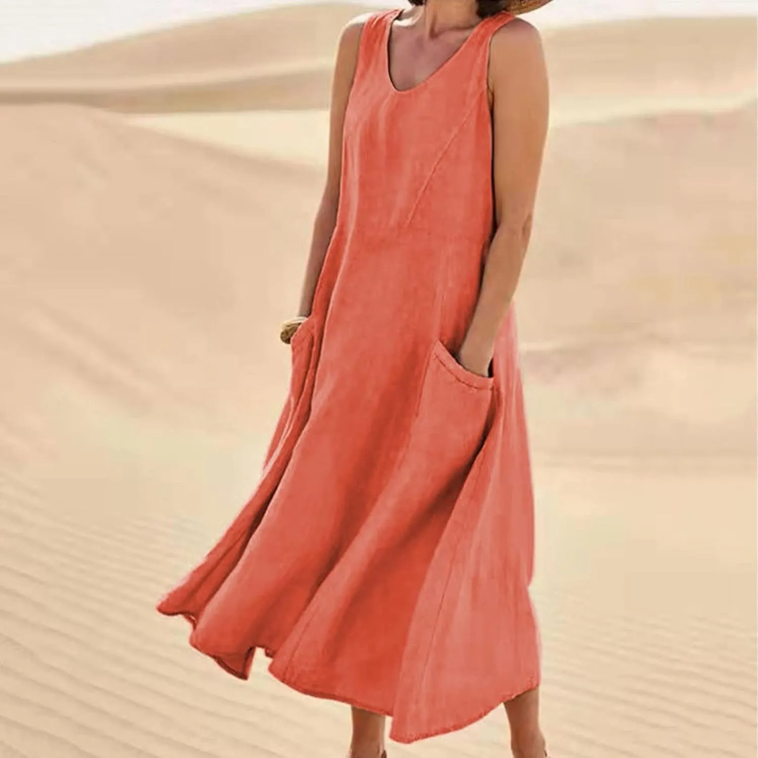 NaRHbrg Women's Summer Sleeveless Maxi Dress Casual Loose Fit Tank Sundress with Pockets Beach Long Dresses
