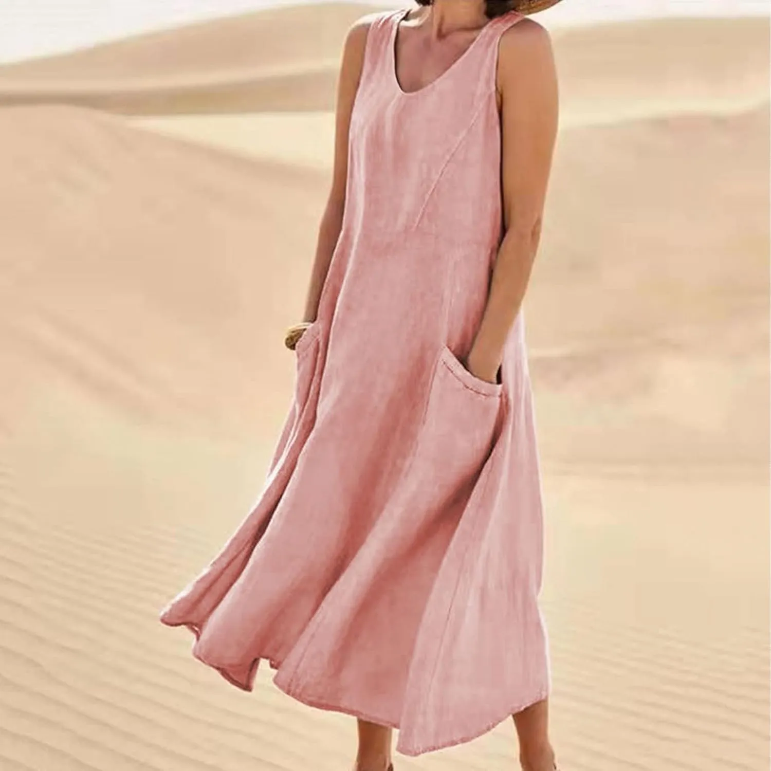 NaRHbrg Women's Summer Sleeveless Maxi Dress Casual Loose Fit Tank Sundress with Pockets Beach Long Dresses