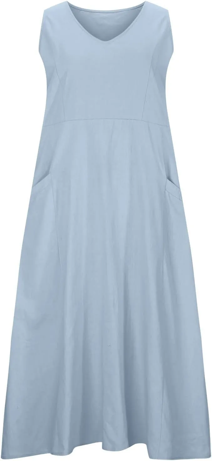 NaRHbrg Women's Summer Sleeveless Maxi Dress Casual Loose Fit Tank Sundress with Pockets Beach Long Dresses
