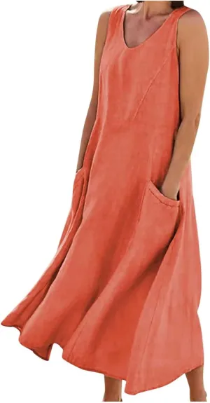 NaRHbrg Women's Summer Sleeveless Maxi Dress Casual Loose Fit Tank Sundress with Pockets Beach Long Dresses