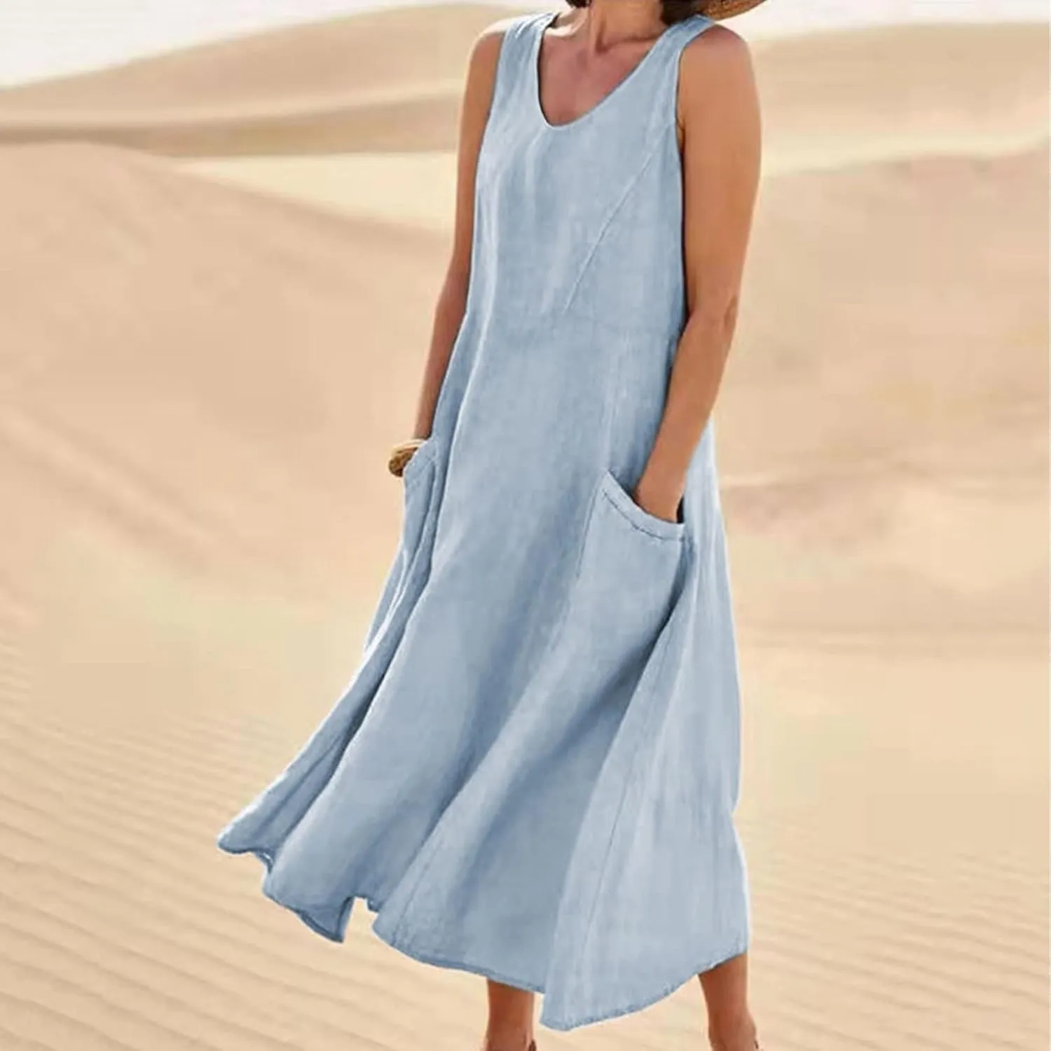 NaRHbrg Women's Summer Sleeveless Maxi Dress Casual Loose Fit Tank Sundress with Pockets Beach Long Dresses
