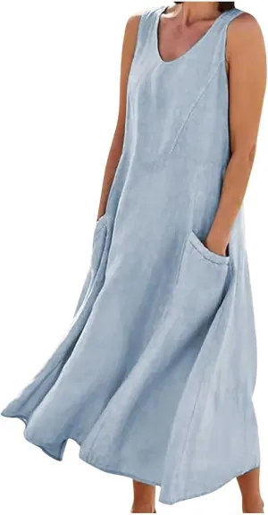 NaRHbrg Women's Summer Sleeveless Maxi Dress Casual Loose Fit Tank Sundress with Pockets Beach Long Dresses