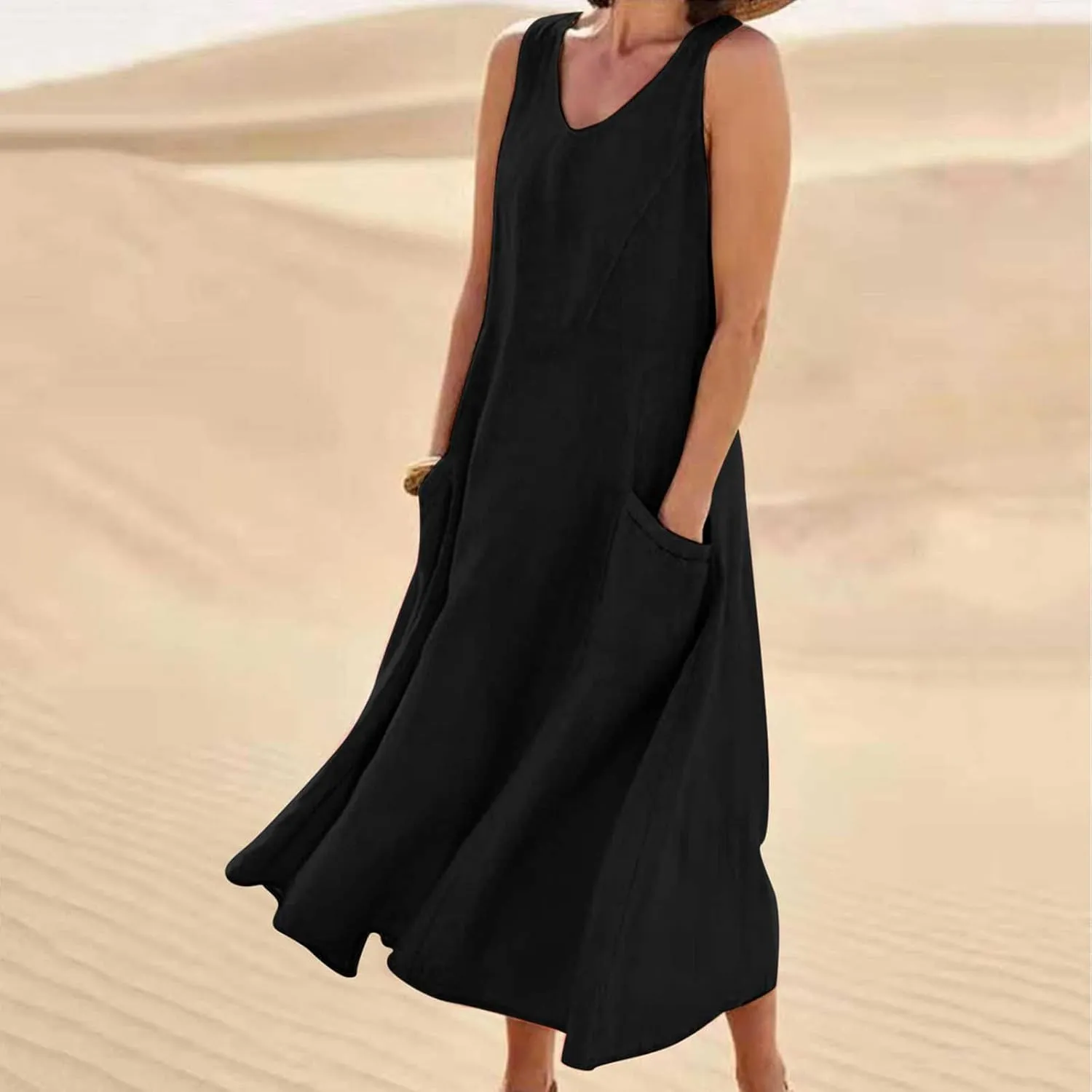 NaRHbrg Women's Summer Sleeveless Maxi Dress Casual Loose Fit Tank Sundress with Pockets Beach Long Dresses