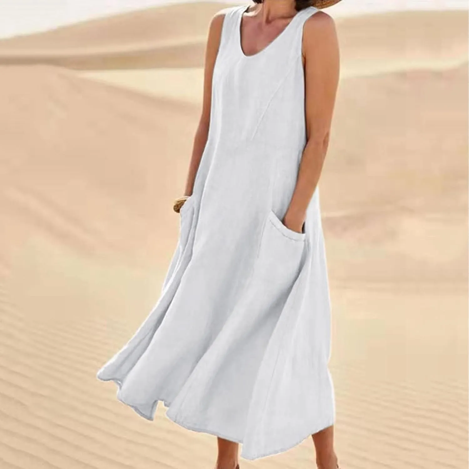 NaRHbrg Women's Summer Sleeveless Maxi Dress Casual Loose Fit Tank Sundress with Pockets Beach Long Dresses