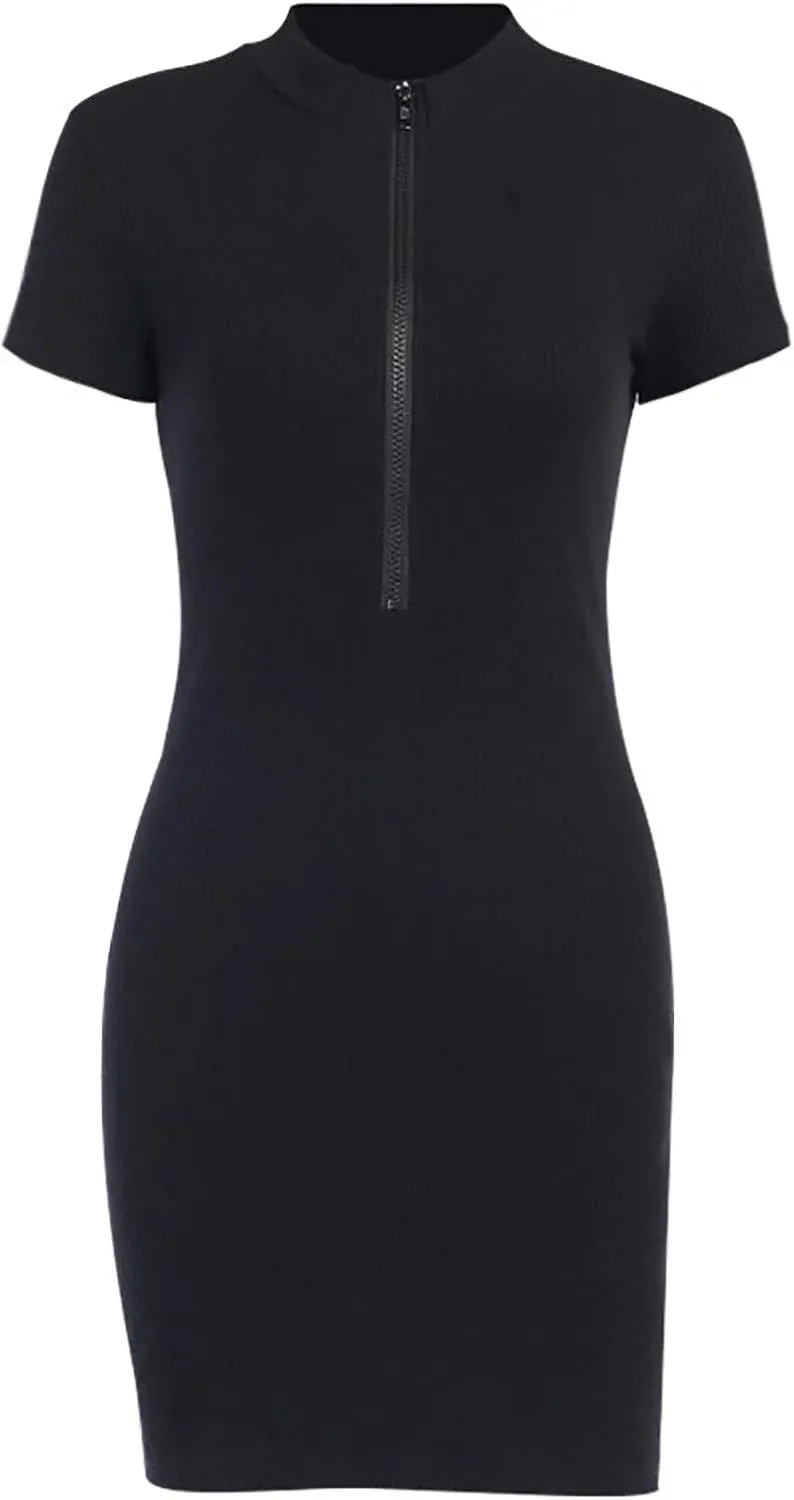 NaRHbrg Women's Zip Up Bodycon Dress Short Sleeve Ribbed Slim Fit Mini Dresses Sexy Casual Club Party Outfit