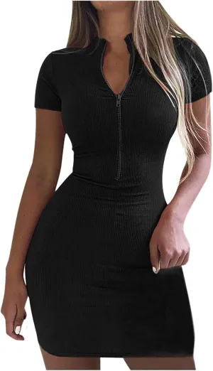 NaRHbrg Women's Zip Up Bodycon Dress Short Sleeve Ribbed Slim Fit Mini Dresses Sexy Casual Club Party Outfit