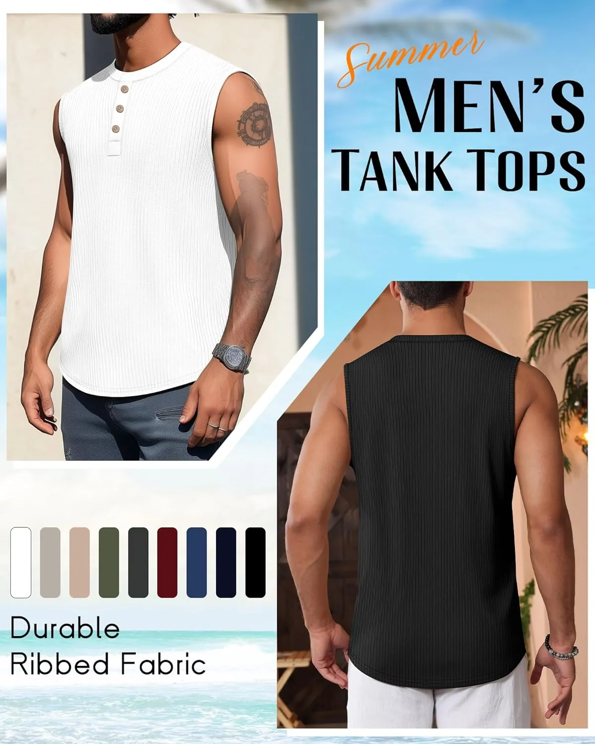 Neer 3 Pack Ribbed Tank Tops for Men Summer Sleeveless Henley Shirts Crewneck Tees Muscle Slim Fit Tank Top