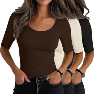 Neer 3 Pack Women's Scoop Neck Stretchy Tops Cotton Half Sleeve Slim Fitted T-Shirts Tight Casual Basic Summer Tees
