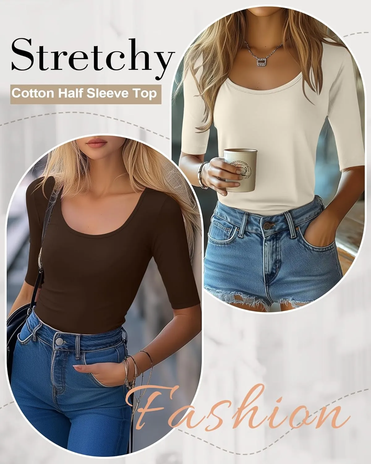 Neer 3 Pack Women's Scoop Neck Stretchy Tops Cotton Half Sleeve Slim Fitted T-Shirts Tight Casual Basic Summer Tees