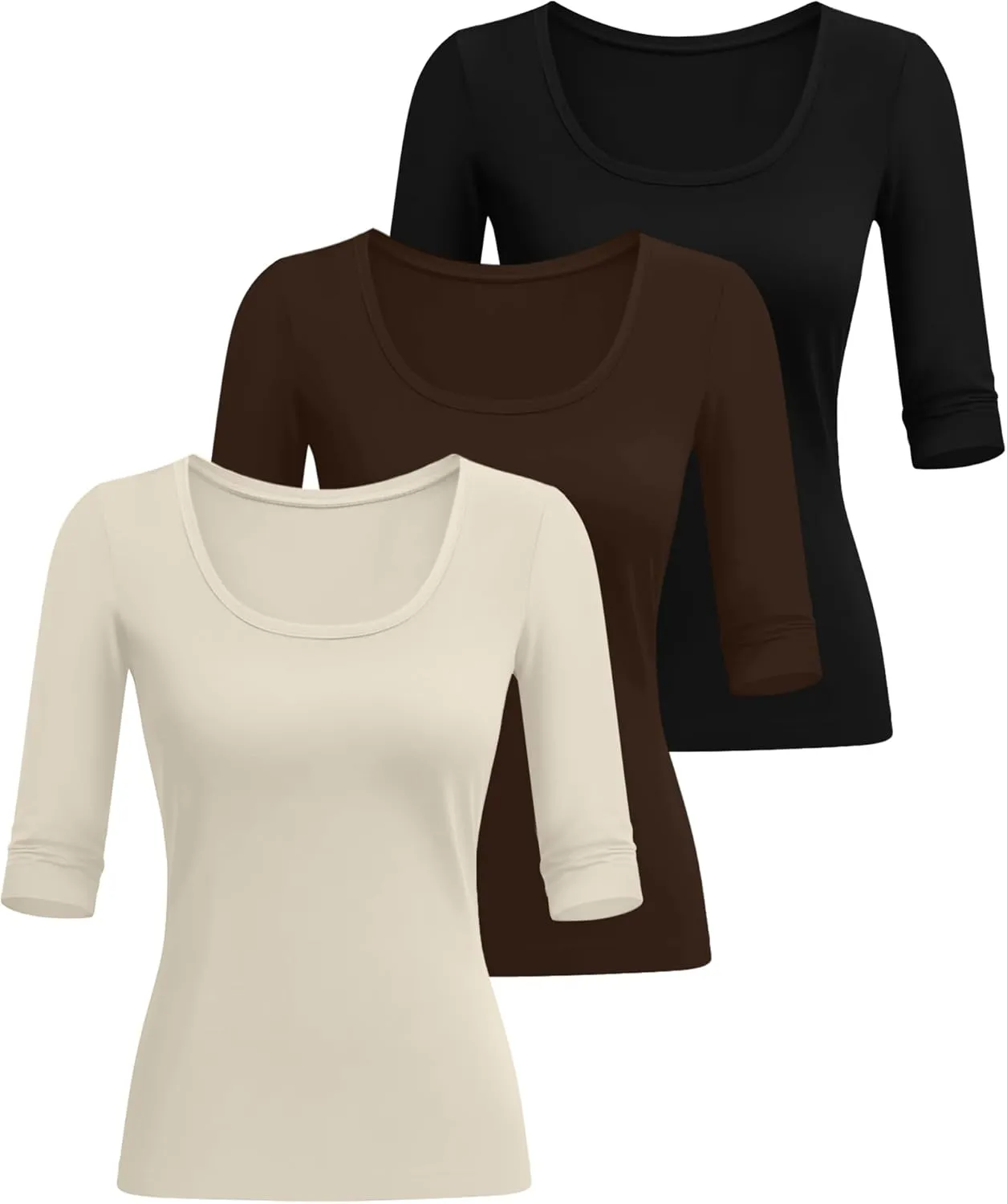 Neer 3 Pack Women's Scoop Neck Stretchy Tops Cotton Half Sleeve Slim Fitted T-Shirts Tight Casual Basic Summer Tees