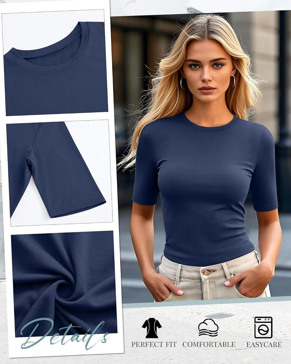 Neer 4 Pack Women's Half Sleeve Tops Cotton Crewneck Slim Fit 1/2 Sleeve T Shirts Stretchy Elbow Casual Summer Tees Bulk