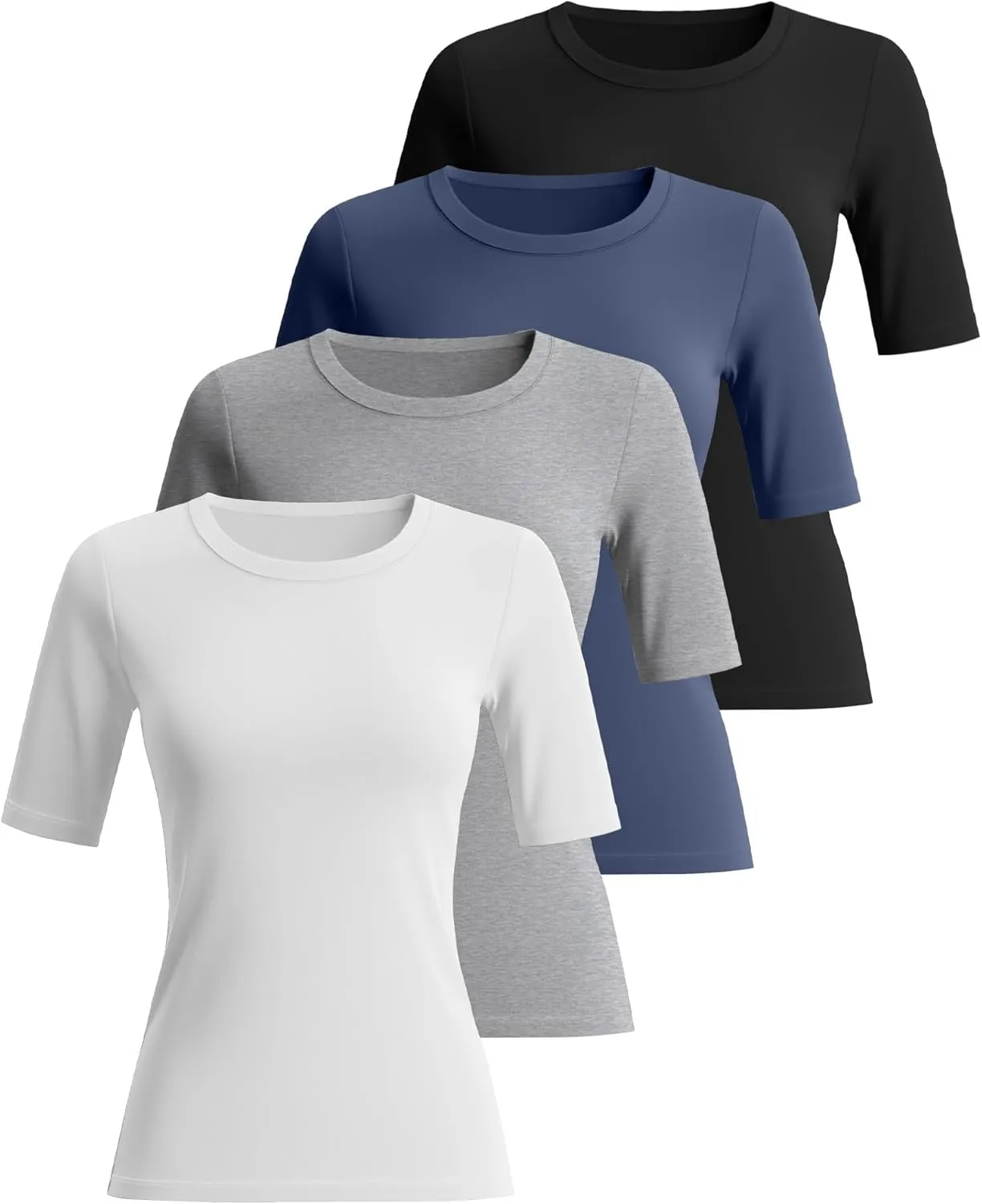 Neer 4 Pack Women's Half Sleeve Tops Cotton Crewneck Slim Fit 1/2 Sleeve T Shirts Stretchy Elbow Casual Summer Tees Bulk