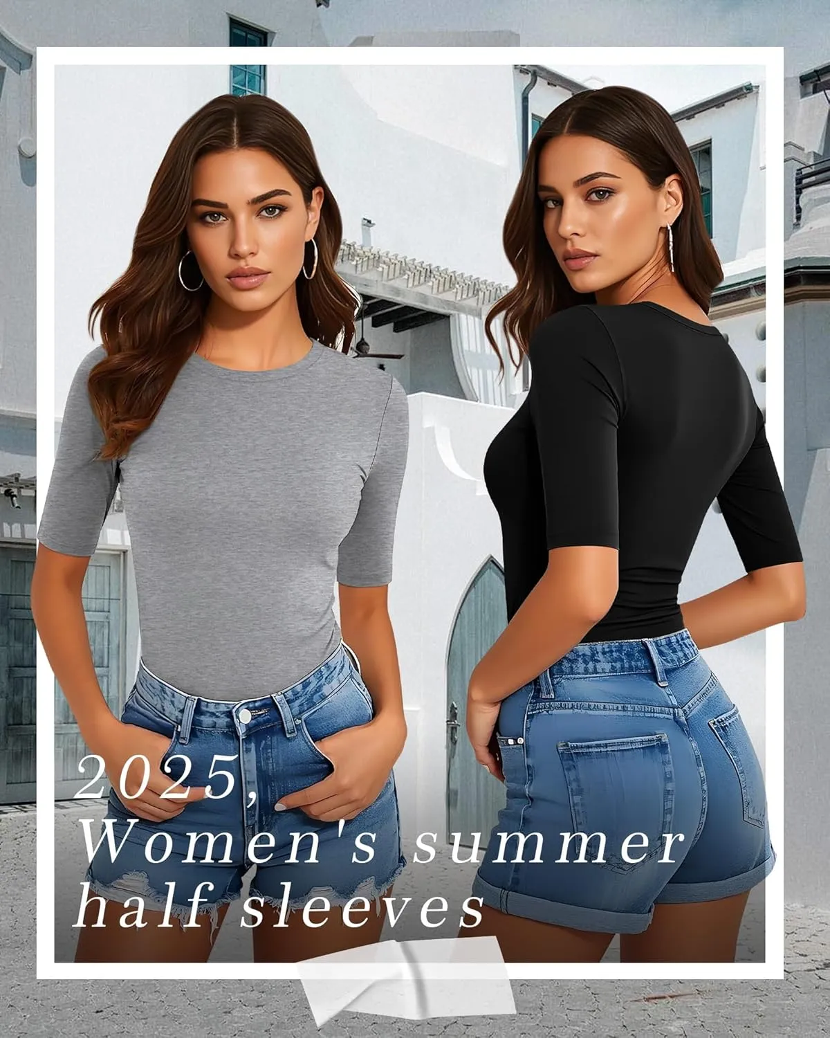Neer 4 Pack Women's Half Sleeve Tops Cotton Crewneck Slim Fit 1/2 Sleeve T Shirts Stretchy Elbow Casual Summer Tees Bulk