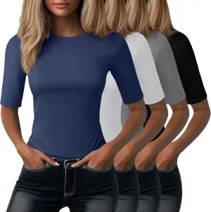 Neer 4 Pack Women's Half Sleeve Tops Cotton Crewneck Slim Fit 1/2 Sleeve T Shirts Stretchy Elbow Casual Summer Tees Bulk
